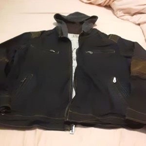 "Howe" black, good wieght, coated cotton Jacket. Hooded.